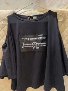 Black Graphic Print Cold Shoulder Top