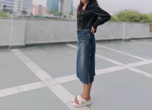 Denim Slit Midi Skirt