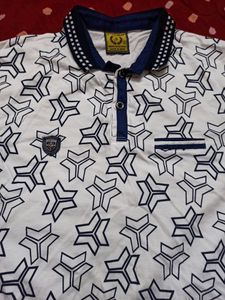 Boys White And Navy Blue Casual Polo Tshirt