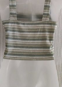 AE Green &amp; White Striped Ribbed Crop Top