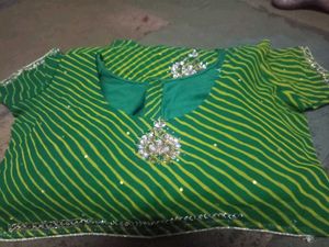 Green &amp; Yellow Leheriya Saree