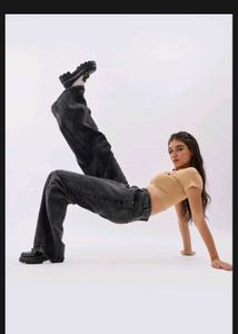 Charcoal Grey Solid Baggy Jeans
