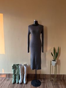 Grey Rib Knit Long Dress