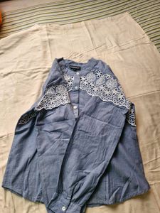 Embroidered Yoke &amp; Sleeve Grey Shirt Top