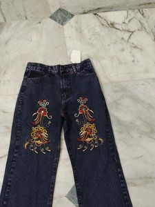 Embroidered Flare Leg Denim Jeans