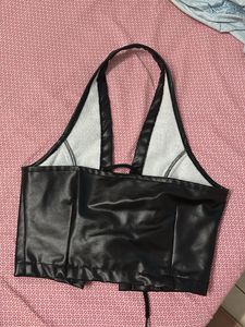 Black Leather Halter Neck Top