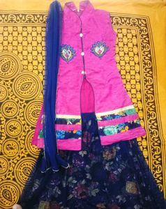 Girls Pink & Navy Lehenga Choli