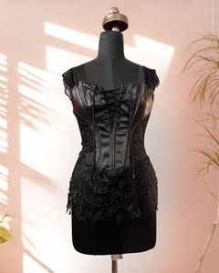 Black Lace Detailing Faux Leather Chain Up Corset