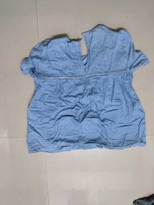 Blue Denim Look Top w/ Crochet Detail