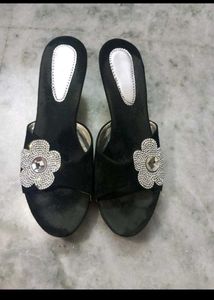 Black Flower Wedges Heels Good Condition