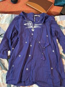 Blue Cotton Thread Work Short  Kurti