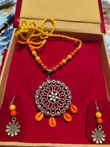 Oxidised Orange Yellow Necklace Set With Box