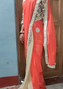 Orange & Beige Embroidered Saree