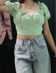 Green Puff Sleeve Crop Top