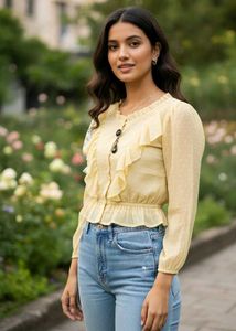 Chic Yellow Ruffle Front top | Swiss Dot Sheer Lon