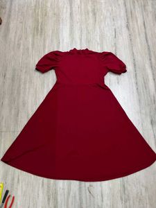 Burgundy Mini Dress with Puff Sleeves & High Neck