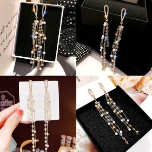 Korean White Dangling Pearl Tassel Crystal Earring