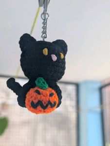 Crochet Black Cat Pumpkin Keychain