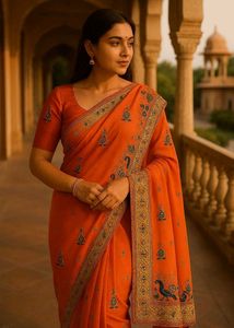 Elegant Orange Embroidered Saree