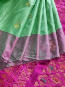 pista with pink soft silk. Saree
