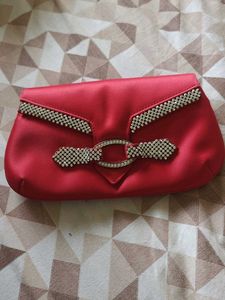 Red Satin Clutch With Diamond Work