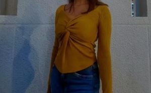 Mustard Knot-Front Long Sleeve Top