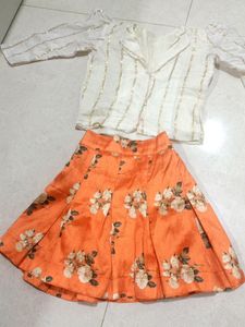 Orange Printed Skirt And Shirt White With Puffy Sl