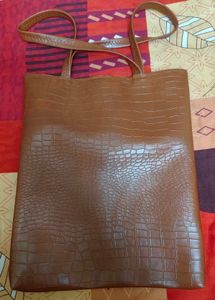 Brown Faux Croc Tote Bag