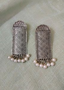 White Beads Oxidised Silver Dangler Earrings