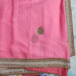 Neon/Light Pink Saree With Pearl &amp; Golden Work