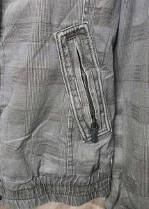 Vintage-Vibe Grey Checkered High-Neck Jacket