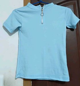 Blue Zip-Up Mock Neck Top