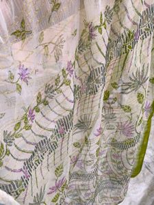 White Saree With Green Leaf Prints