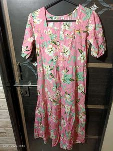 Pink Floral Midi Dress with Puff Sleeves