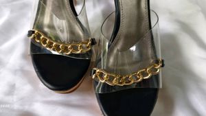 Clear-Strap Stilettos with Chain Accent