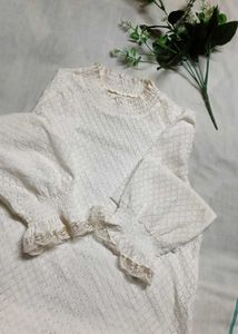 White Lace Trimmed Long Sleeve Top