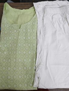 Green Round Neck Kurta White Pant Set