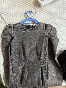 Acid Wash Puff Sleeve Dress