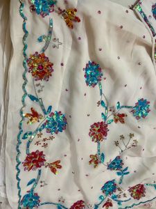 Beautiful White Multi Colour Work Saree