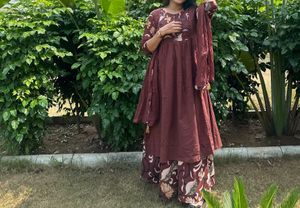 Brown Floral Print Kurta Palazzo Set