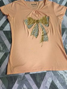 Peach T-shirt with Sequin Bow