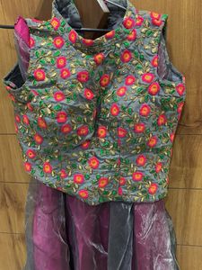 Magenta &amp; Sheer Overlay Skirt &amp; Embroidery Blouse
