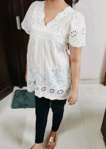 Women White Cotton Cut out Style Tunic Top