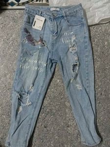 Distressed Jeans with Bird Detail