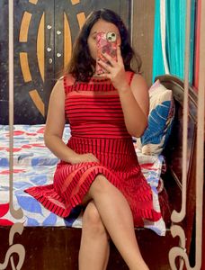 Cute Red Striped Stretchable Fit & Flare Dress