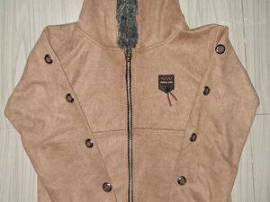 Faux Fur Trim short Hoodie in tan color