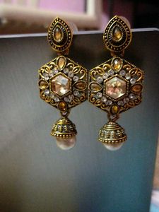 Antique Gold Jhumka Earrings with Pearl Drop