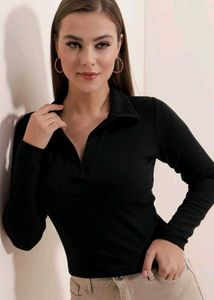 Black Long Sleeve Polo Top