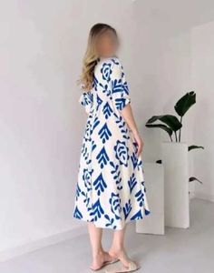 Blue &amp; White Print Midi Dress 👗4XL