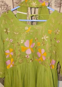 Green Embroidered long frock with Dupatta